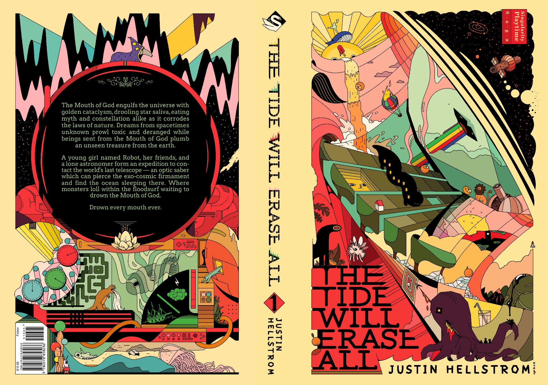 Cover for the Tide Will Erase All: A girl's head peering beyond the Mouth of God's Energy Field, an impaled seamonster, etc.